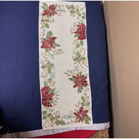 Tahari Home Beaded Centerpiece Table Runner 13x36”Lined Poinsettia Christmas NWT - Picture 2 of 9